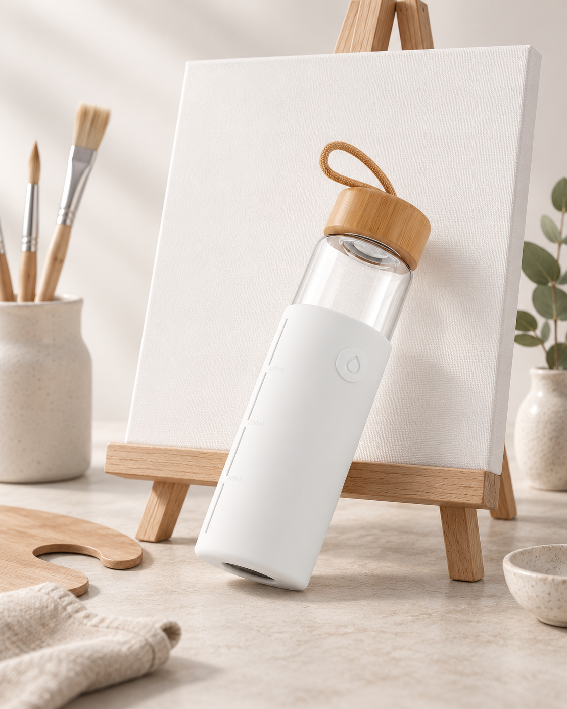 White Agua bottle in a minimalist art studio
