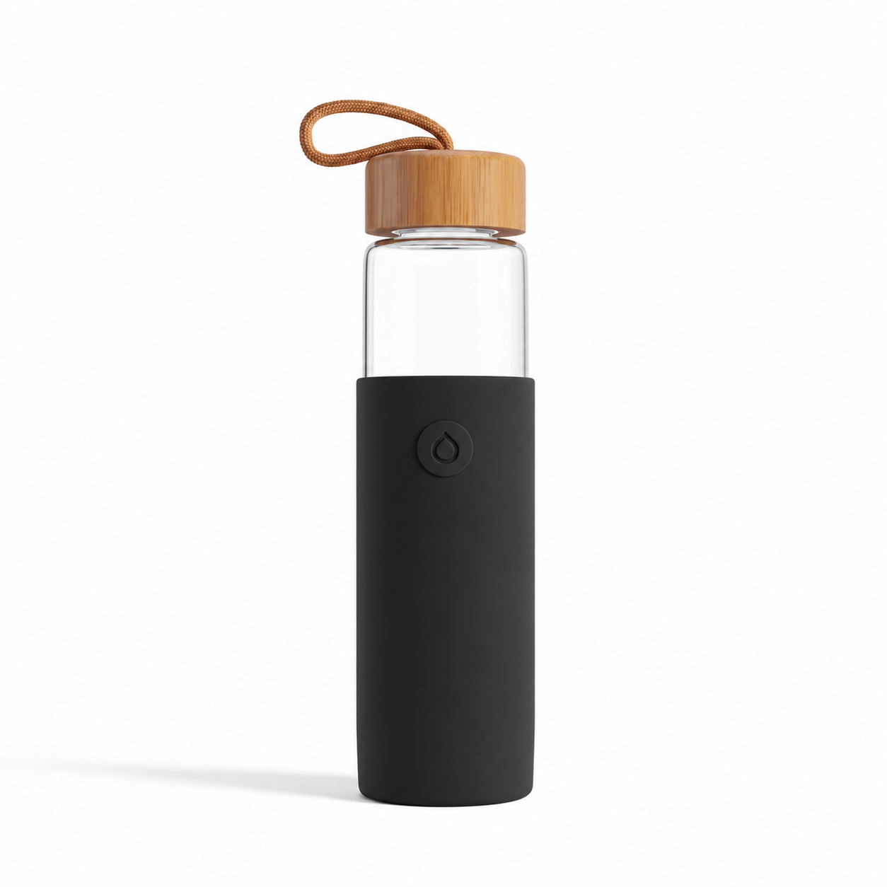 Bold Black Agua glass bottle with bamboo lid and carry loop