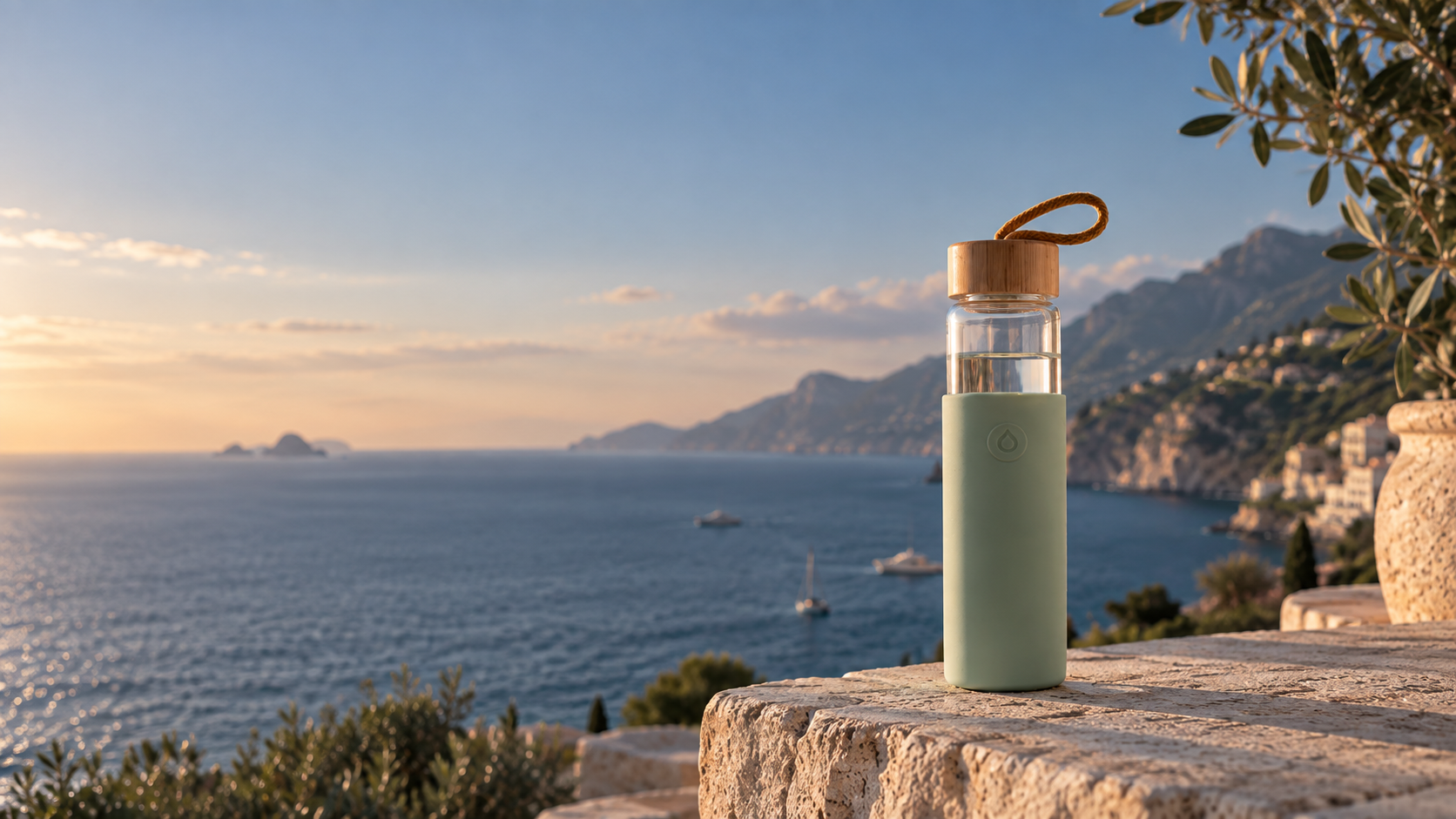 Sage Agua bottle overlooking the Mediterranean coast at sunset