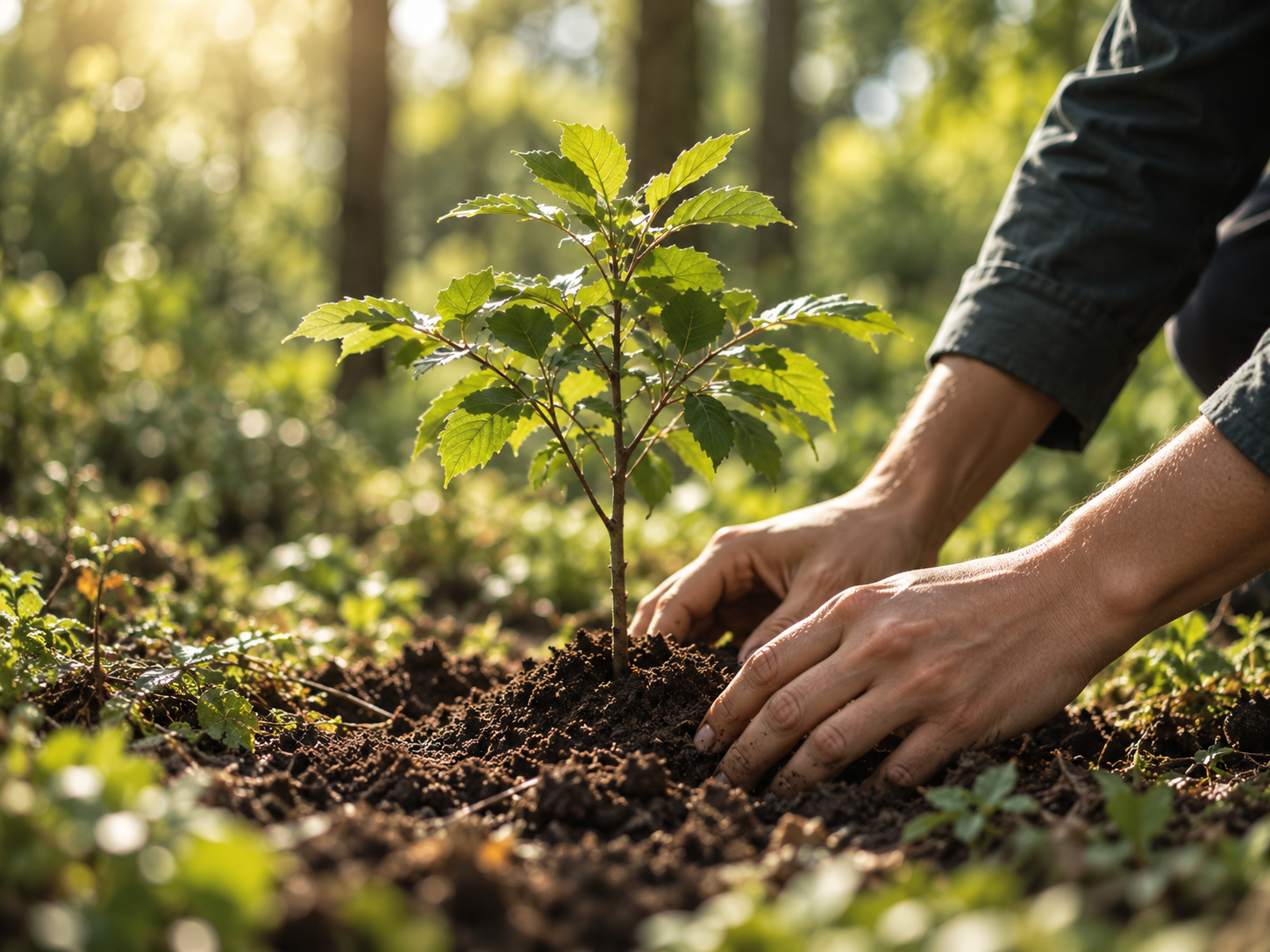 Hands gently planting a young sapling in rich forest soil