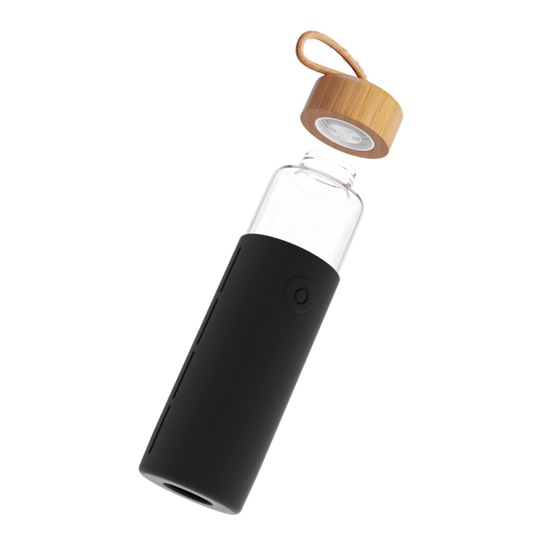 Agua glass bottle with lid lifted